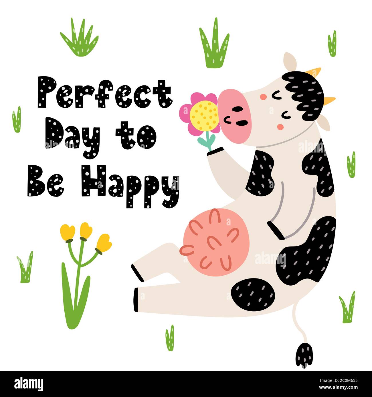 Perfect day to be happy card with a funny cow Stock Vector