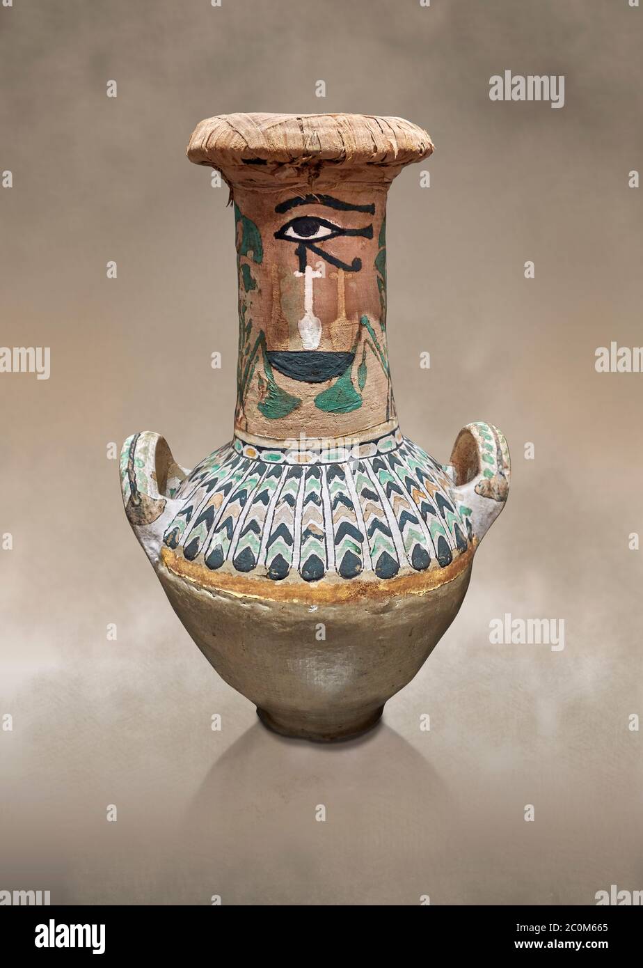 Ancient Egyptian decorated jar sealed with linen , tomb of Kha, Theban