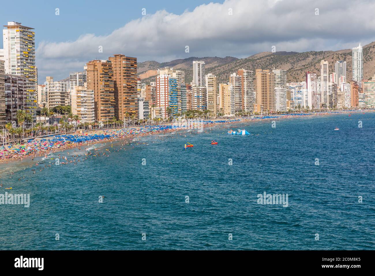 Aerial view of Benidorm city on Costa Blanca in Spain with skyscrapers. Mediterranean coast. Stock Photo