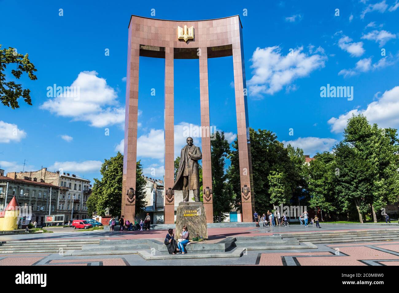 monument of national Ukrainian hero S. Bandera and great trident in Lvov  city Stock Photo - Alamy