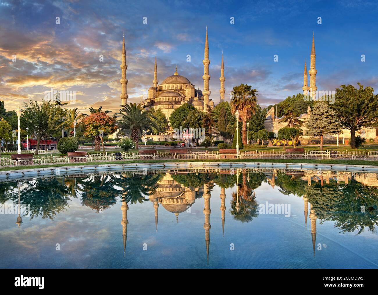 Sunset over the Sultan Ahmed Mosque (Sultanahmet Camii) or Blue Mosque, Istanbul, Turkey. Built from 1609 to 1616 during the rule of Ahmed I. Stock Photo