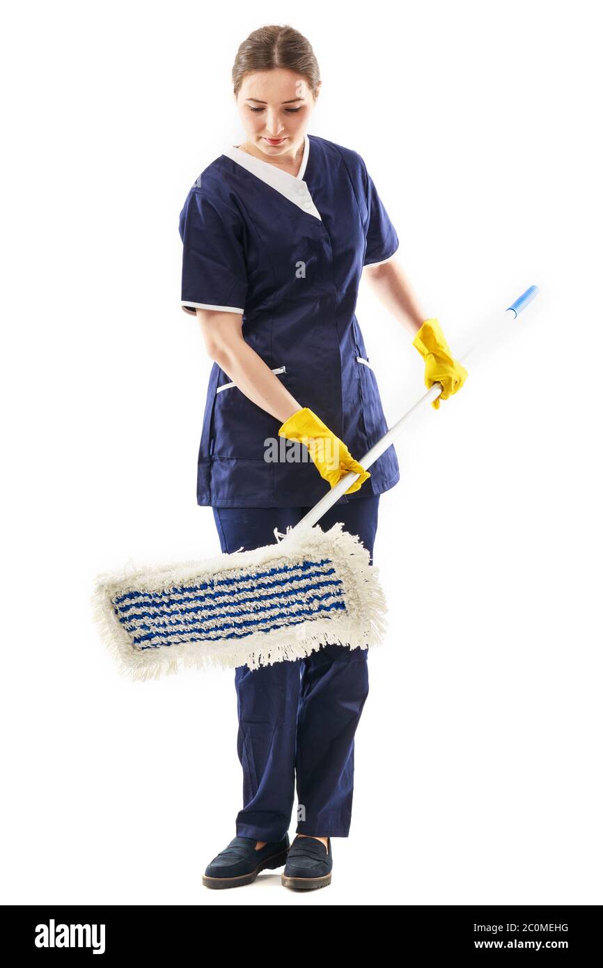 Woman cleaner with a mop on a white background, isolated. House cleaning concept or office cleaning concept. Stock Photo