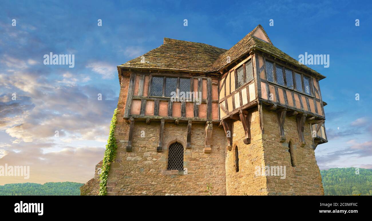 The half timbered north tower built in the 1280s, the finest fortified medieval manor house in England, Stokesay Castle, Shropshire, England Stock Photo