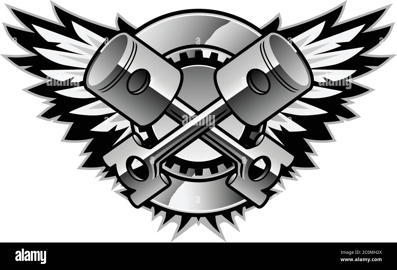 Chrome Crossed Pistons and Wings Logo Isolated Vector Illustration