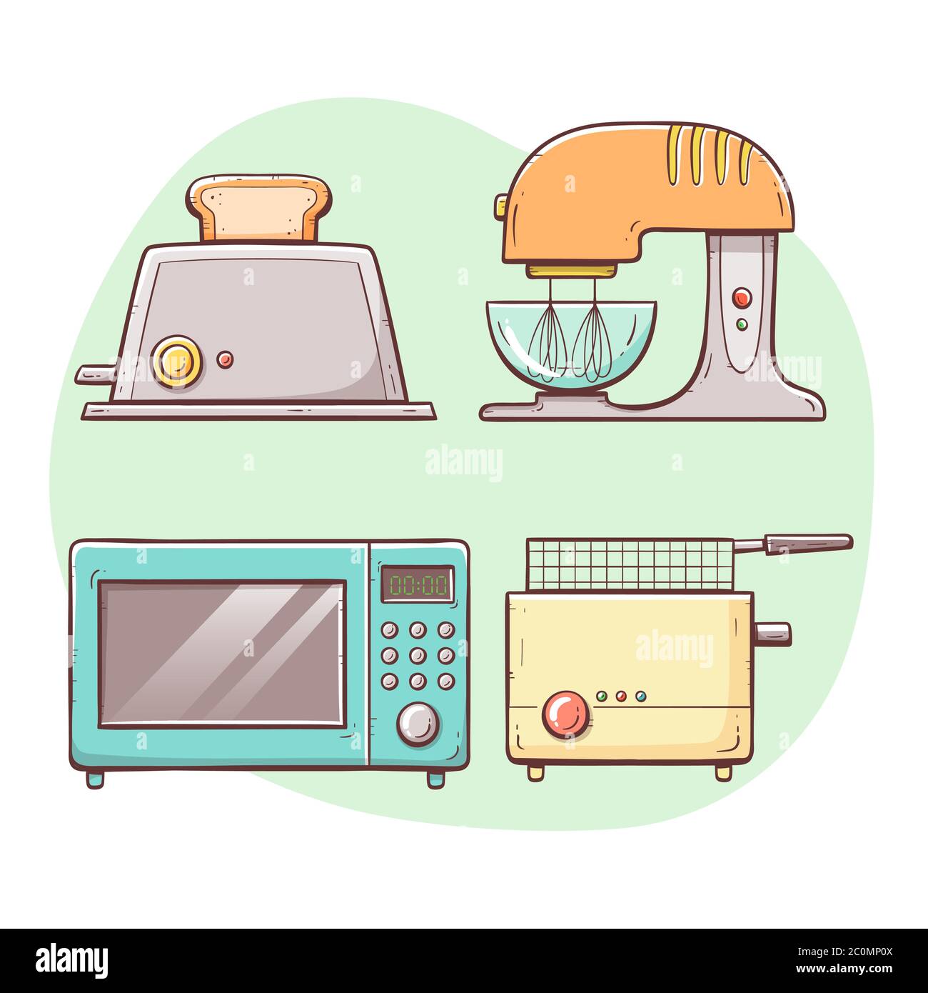 Kitchen appliances. Toaster, microwave, deep fryer, mixer. Hand drawn