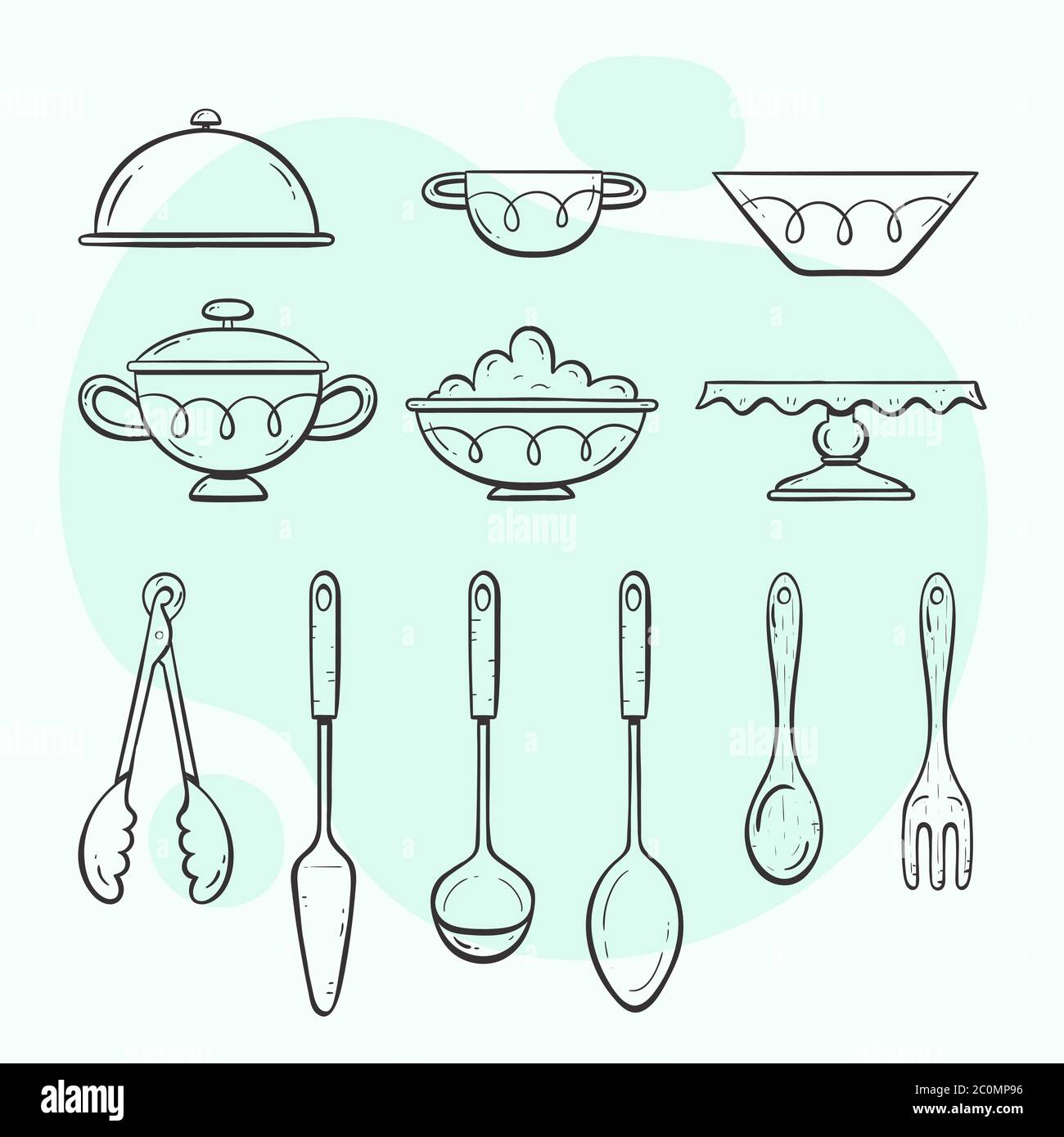 https://c8.alamy.com/comp/2C0MP96/kitchen-utensils-collection-of-objects-for-serving-food-doodle-outlined-style-collection-2C0MP96.jpg
