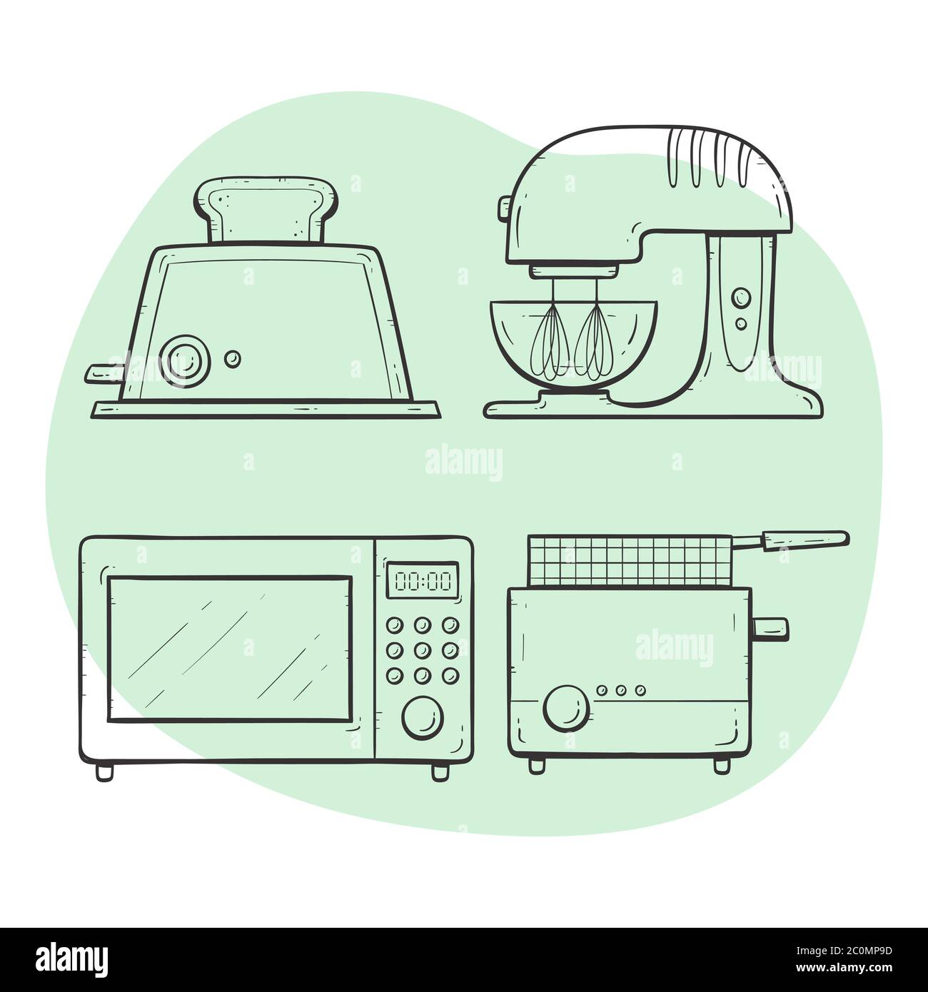 Kitchen appliances. Toaster, microwave, deep fryer, mixer. Doodle