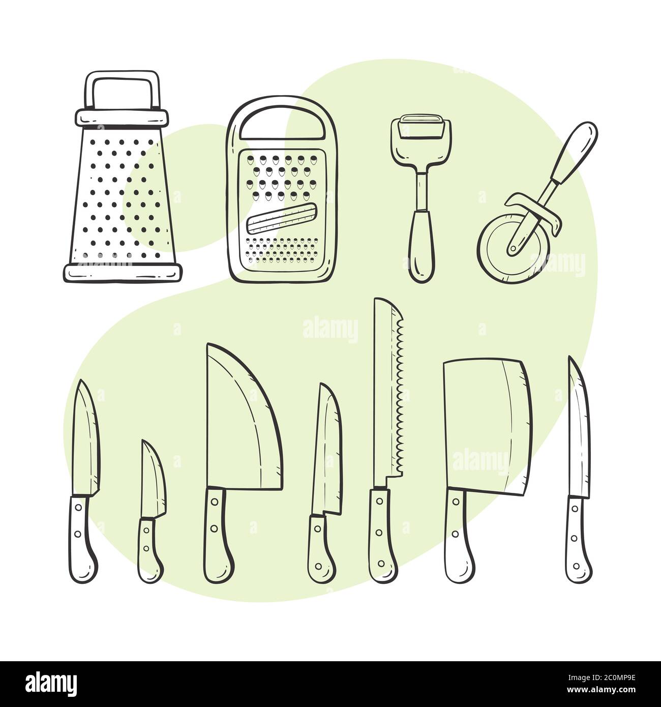 https://c8.alamy.com/comp/2C0MP9E/cooking-tools-collection-of-kitchen-utensils-knives-graters-and-peelers-hand-drawn-outlined-style-collection-2C0MP9E.jpg