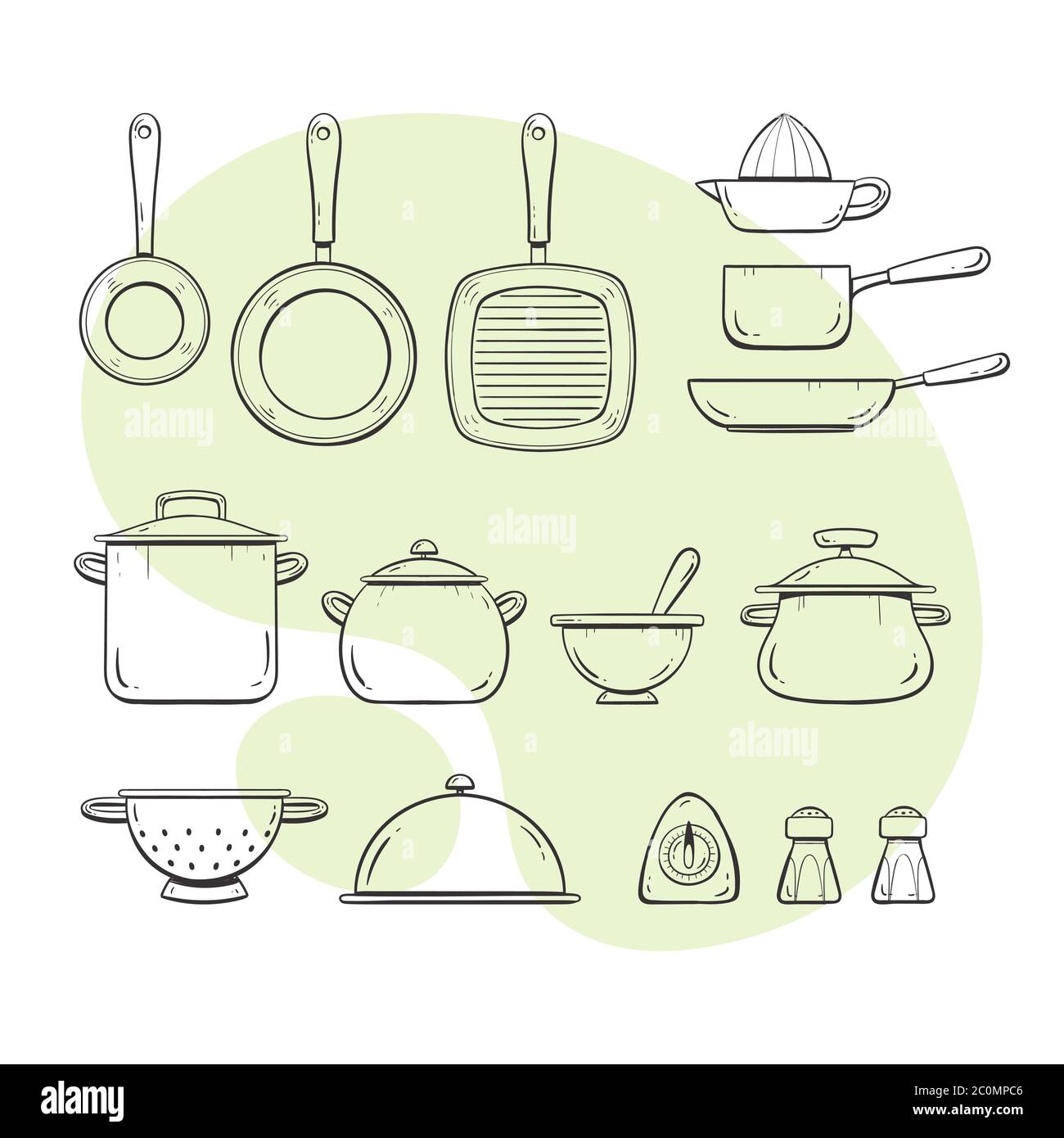 Cooking tools. Collection of pans and pots. Doodle outlined style