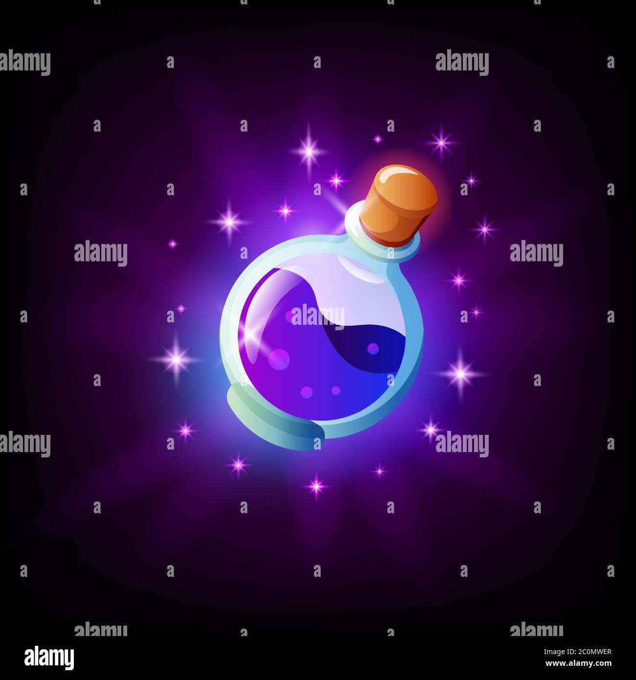 Bottle of magic potion icon for graphic user interface, dark background. Vial of elixir mobile app or pc game element. Vector illustration in cartoon Stock Vector