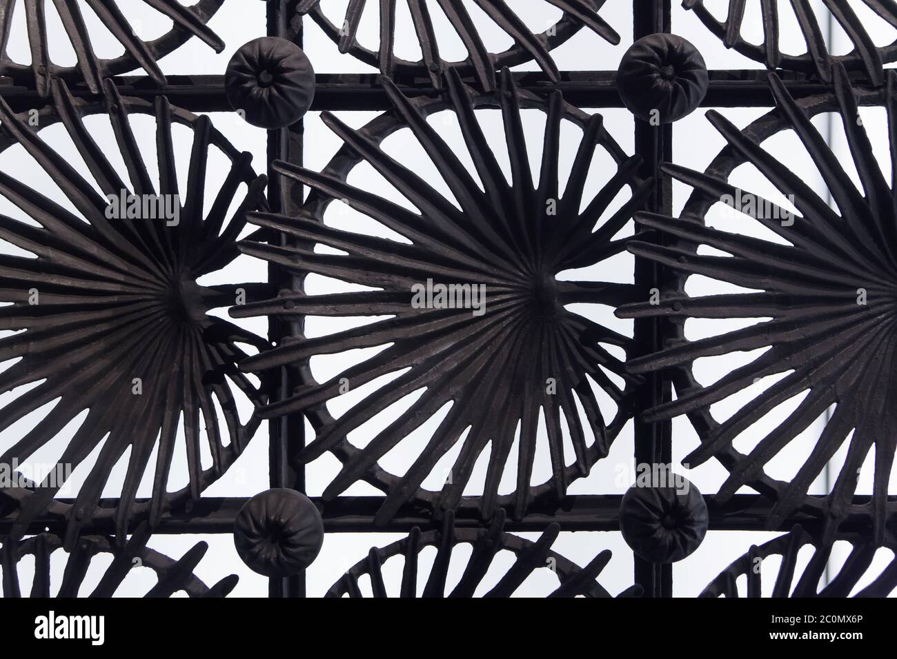 Cast iron gate for the Casa Vicens designed by Catalan modernist architect Antoni Gaudí (1883-1885) on display in the National Art Museum of Catalonia (Museu Nacional d'Art de Catalunya) in Barcelona, Catalonia, Spain. Leaves of the Mediterranean dwarf palm (Chamaerops humilis) also known as the European fan palm are depicted in the gate. Stock Photo