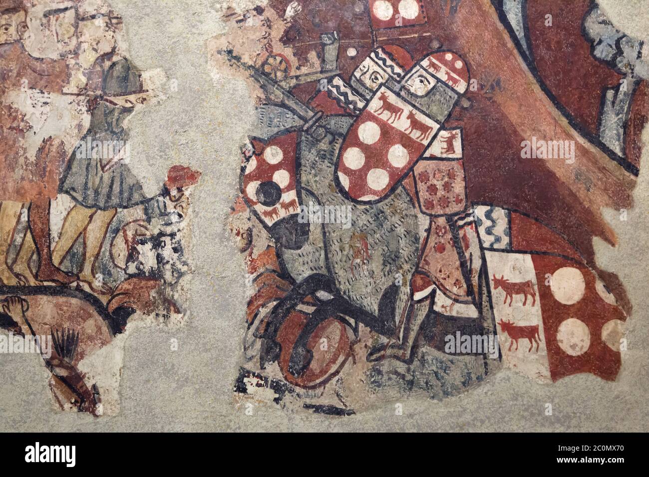Conquest of Majorca depicted in the Gothic mural paintings dated from 1285-1290, now on display in the National Art Museum of Catalonia (Museu Nacional d'Art de Catalunya) in Barcelona, Catalonia, Spain. Knight Guillem II de Montcada is depicted during the Battle of Portopí between the Almohad troops and the Christian army led by King James I the Conqueror on 12 September 1229 in the detail. The murals painted by an anonymous Catalan painter known as the Master of the Conquest of Majorca (Maestro de la conquista de Mallorca) was transferred from the former ancestral home of the Caldes family i Stock Photo