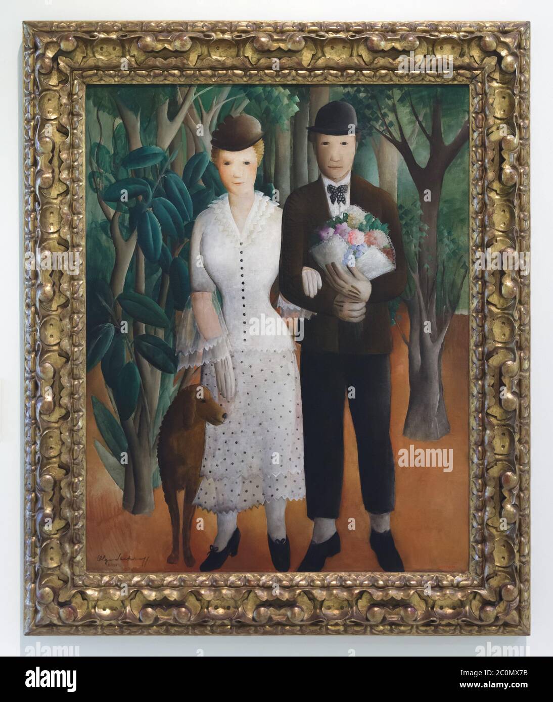 Painting 'Newlyweds' by Spanish naive painter Olga Sacharoff (1929) on display in the National Art Museum of Catalonia (Museu Nacional d'Art de Catalunya) in Barcelona, Catalonia, Spain. Stock Photo