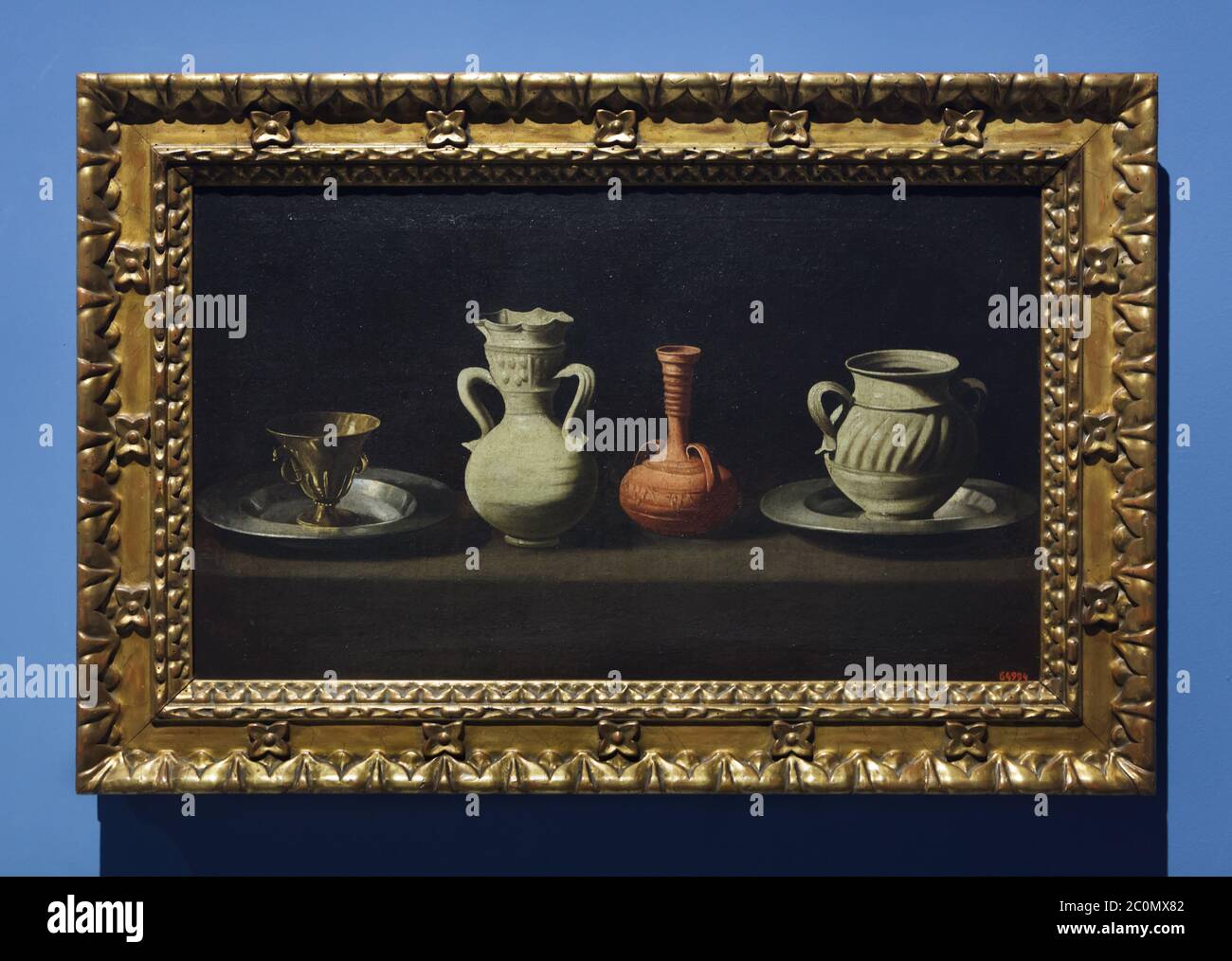 Painting 'Still Life with Vessels' by Spanish painter Francisco de Zurbarán (1650-1660) on display in the National Art Museum of Catalonia (Museu Nacional d'Art de Catalunya) in Barcelona, Catalonia, Spain. Stock Photo