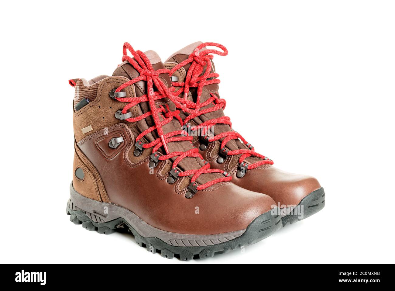 pair of leather hiking boots isolated on white side Stock Photo