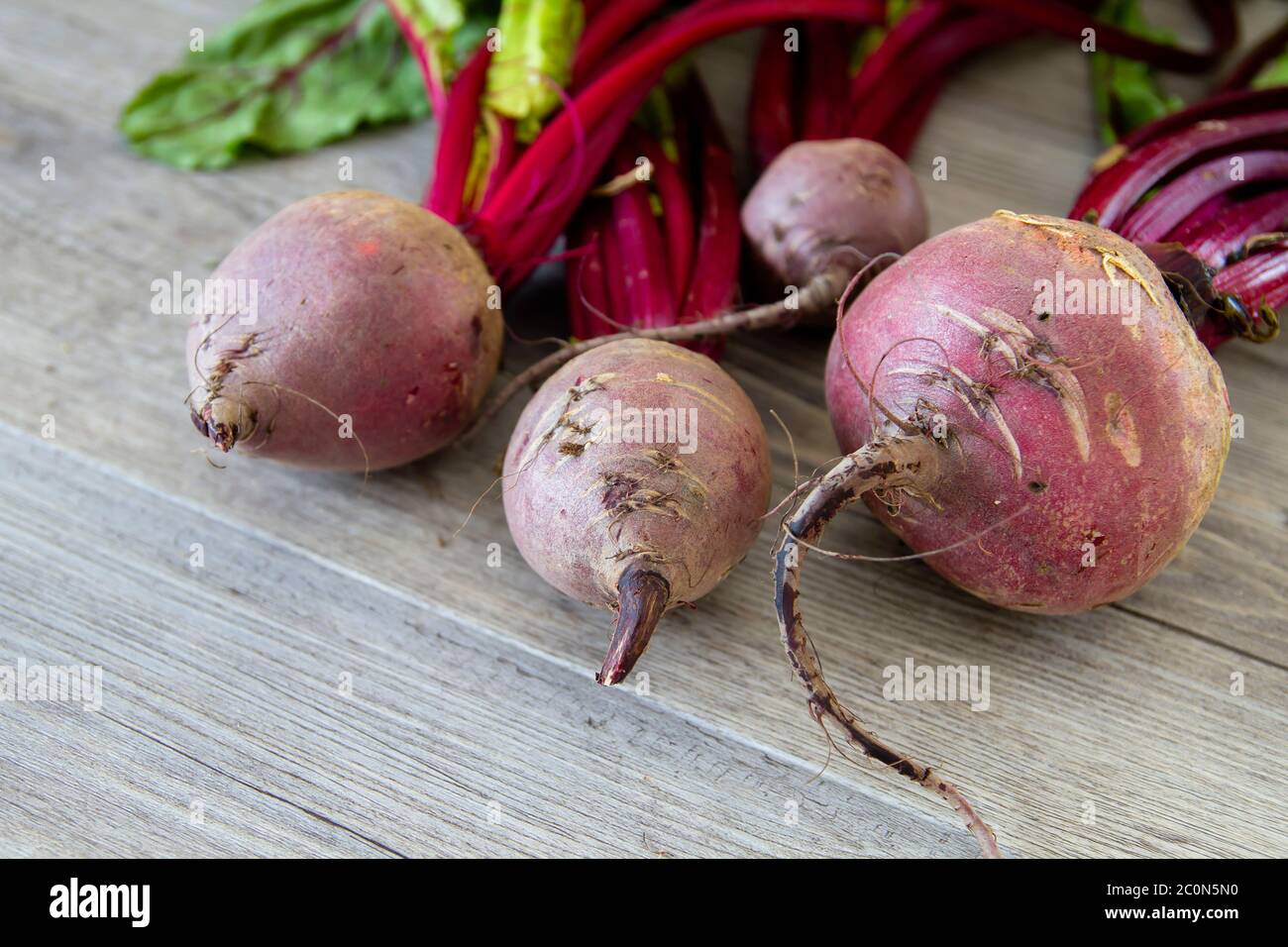 Red beetroots on wooden table Stock Photo