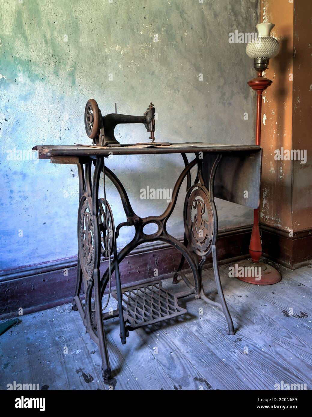 Vintage Sewing Machine in an Abandoned House Stock Photo