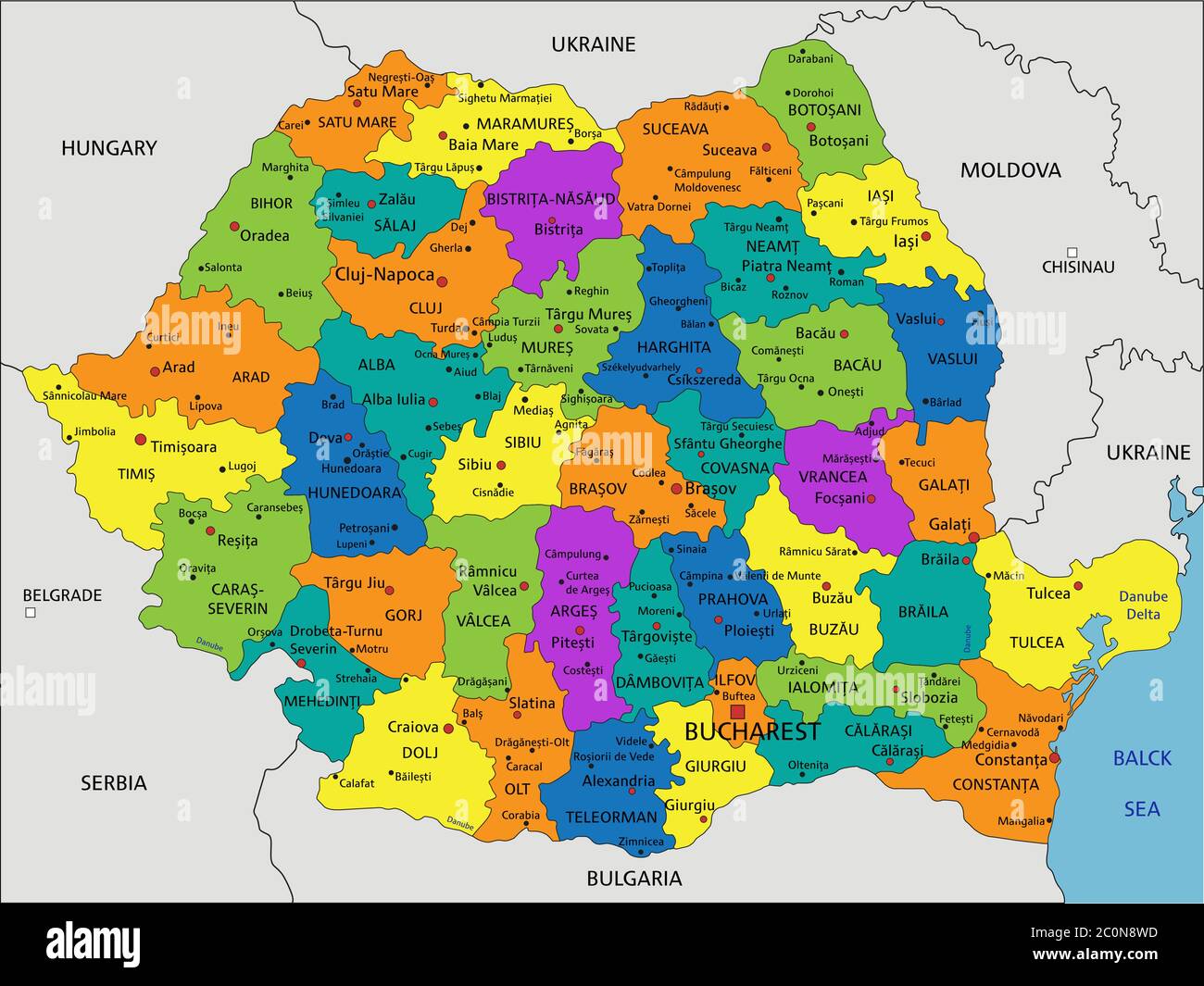 Colorful Romania Political Map With Clearly Labeled Separated Layers Colorful Romania Political Map With Clearly Labeled Separated Layers Vector Illustration 2C0N8WD