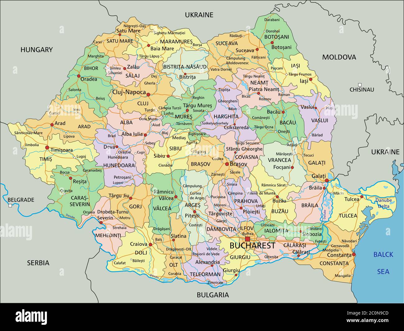 Romania - Highly detailed editable political map with labeling. Stock Vector
