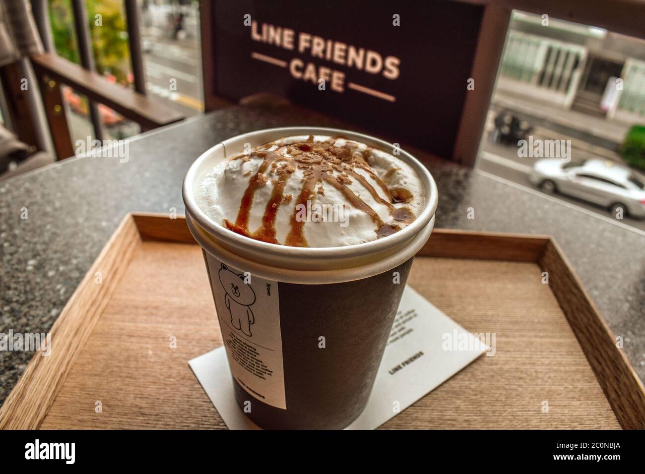Chocolate top coffee served in Line Friends Cafe in Insadong Seoul South Korea Stock Photo