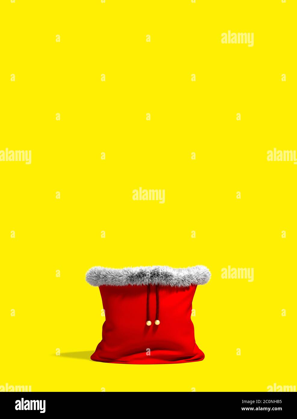 Christmas bag full of red gifts 3D rendering yellow background Stock Photo