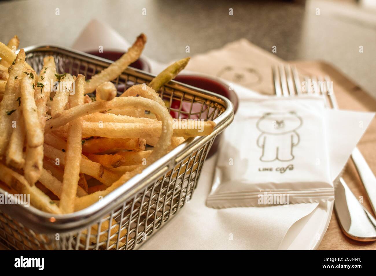 Portion of fresh french fries in Line Friends Cafe and Store in insadong Seoul South Korea Stock Photo
