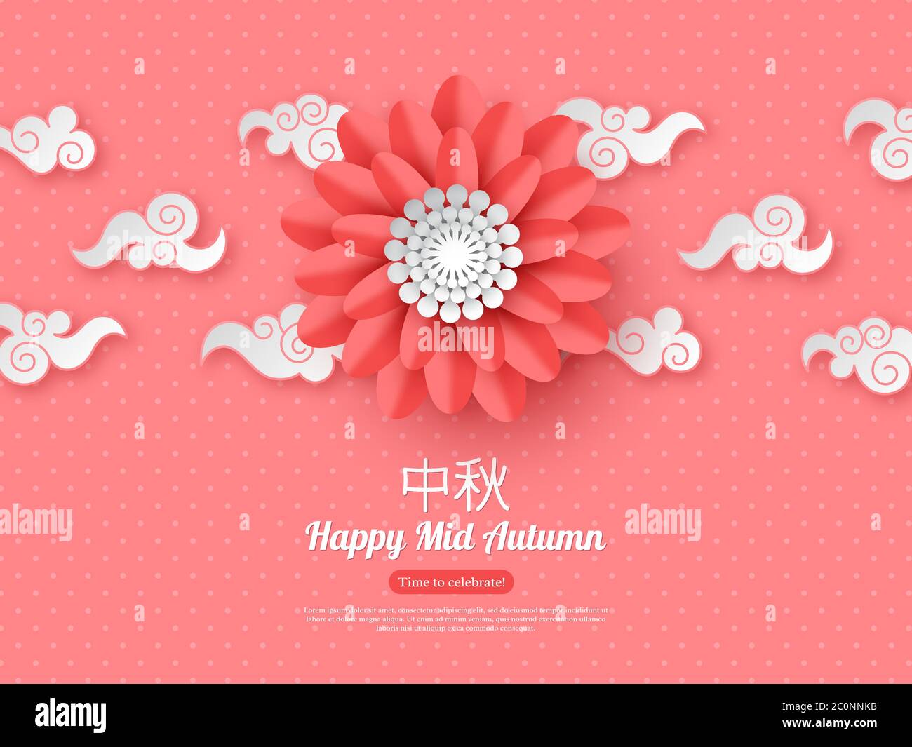 Chinese mid autumn festival design. Paper cut style flower with clouds ...