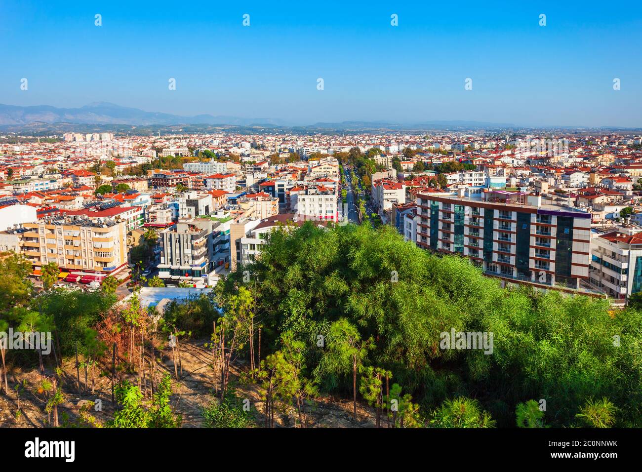 Manavgat city aerial panoramic view in Antalya region in Turkey Stock Photo