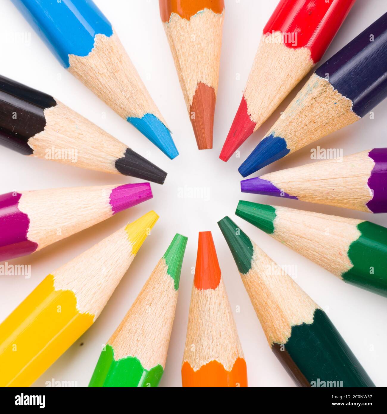 Many different colored pencils on white background Stock Photo