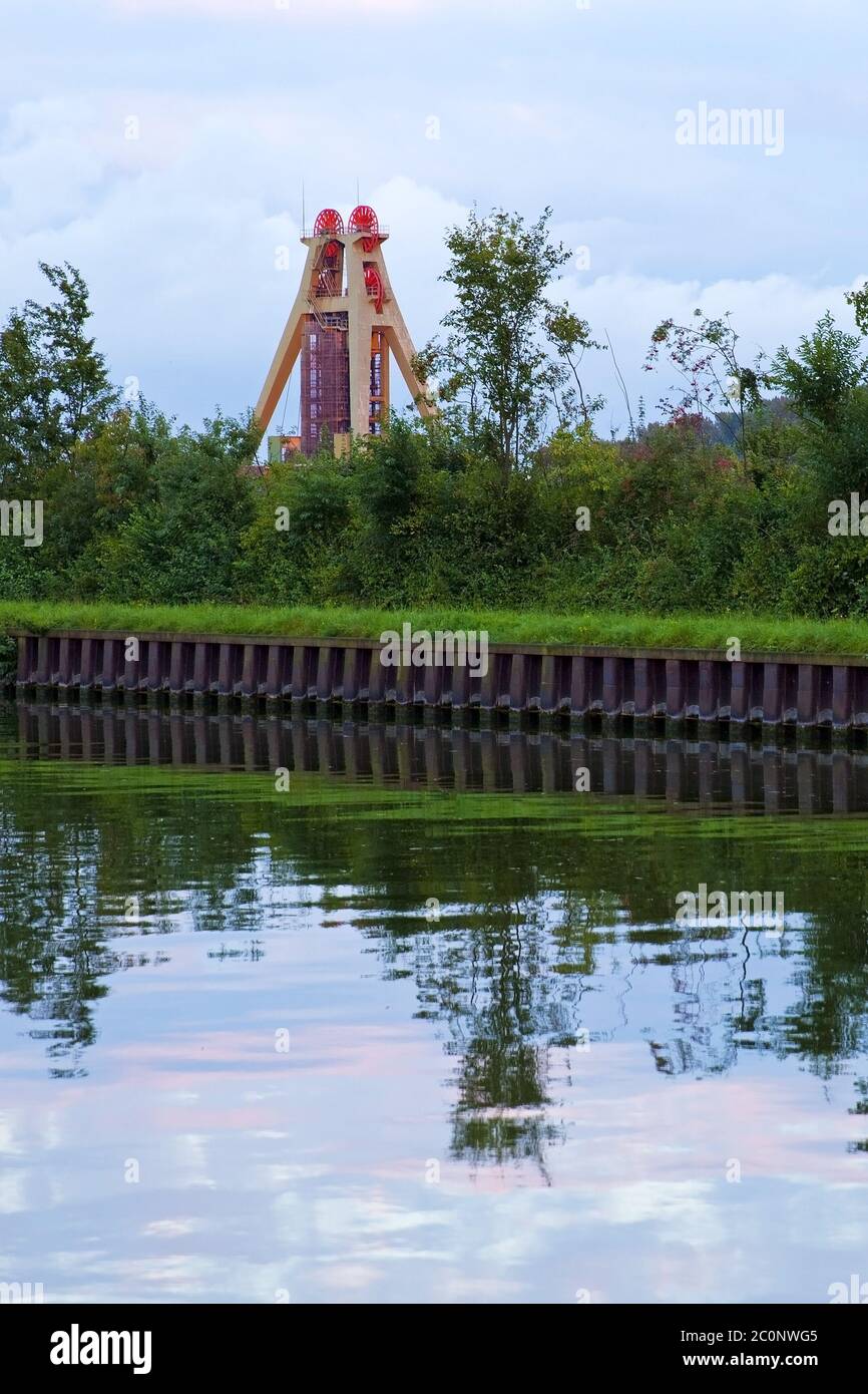 Datteln-Hamm Canal with headframe Haus Aden Stock Photo