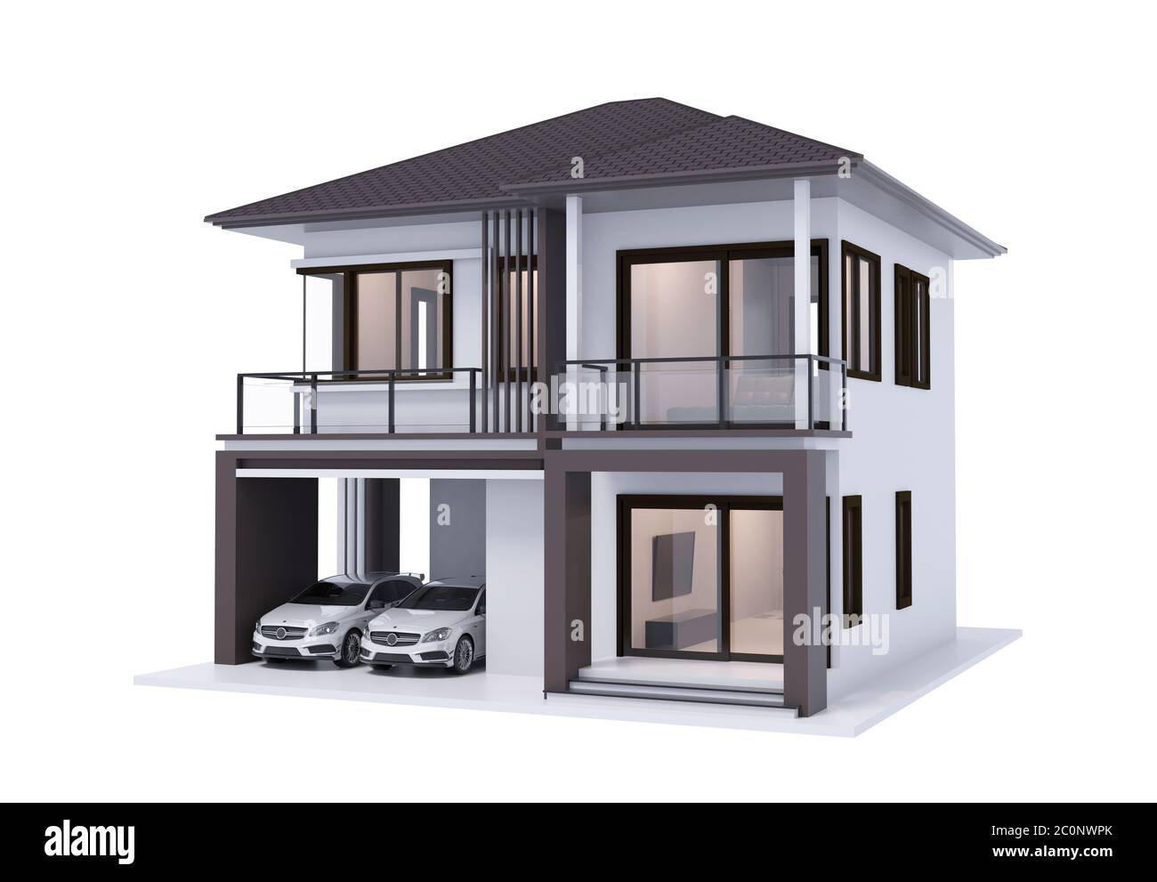 house 3d illustration with white car isolate on white background ...