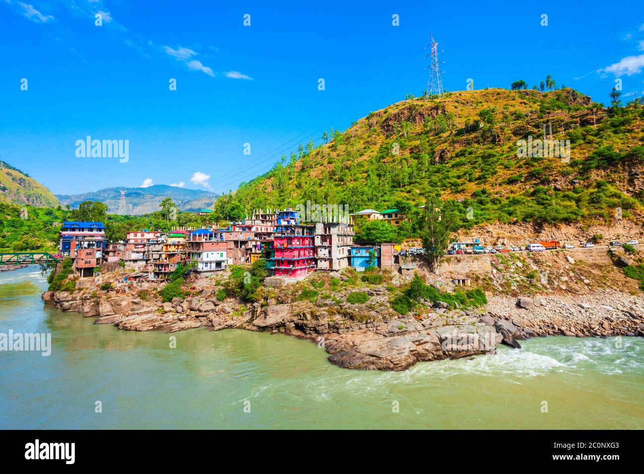 Sutlej river in Luhri village and Himalaya mountains, Himachal Pradesh state in India Stock Photo