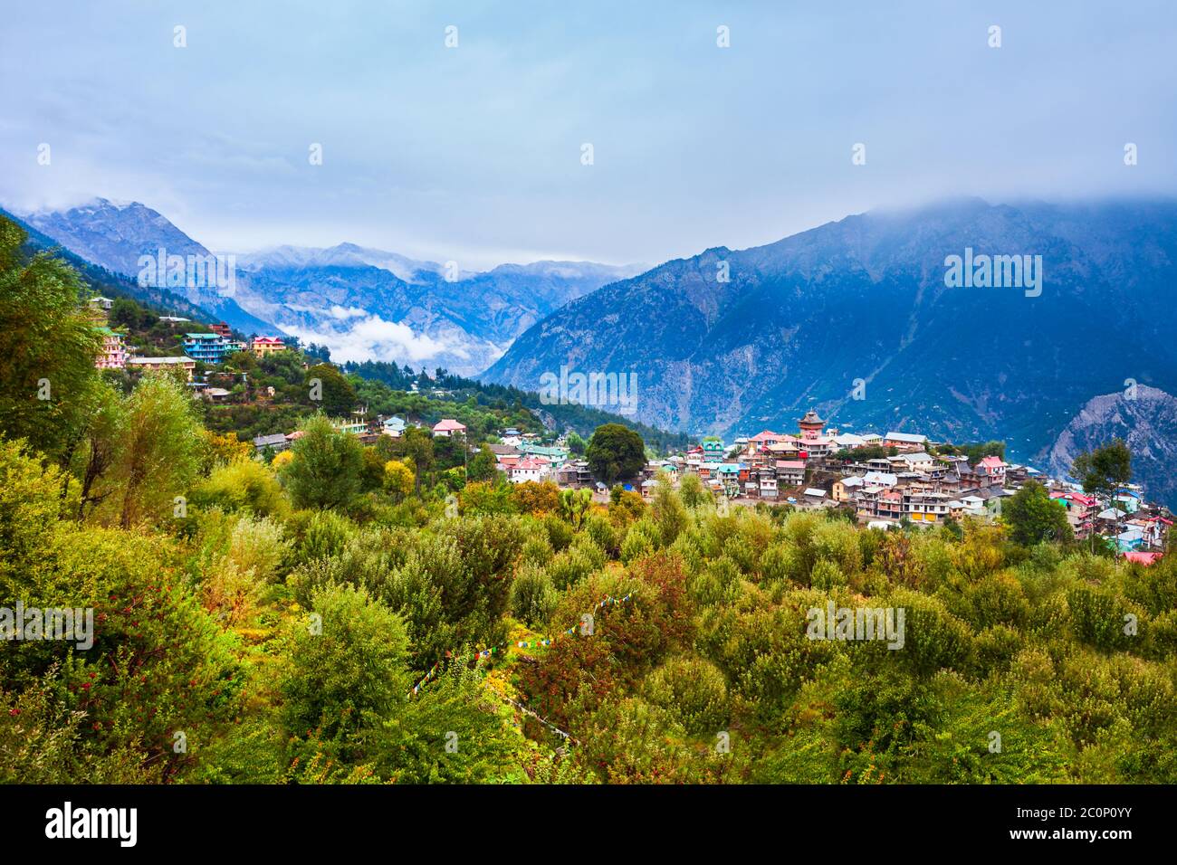 Kalpa and Kinnaur Kailash mountain aerial panoramic view. Kalpa is a