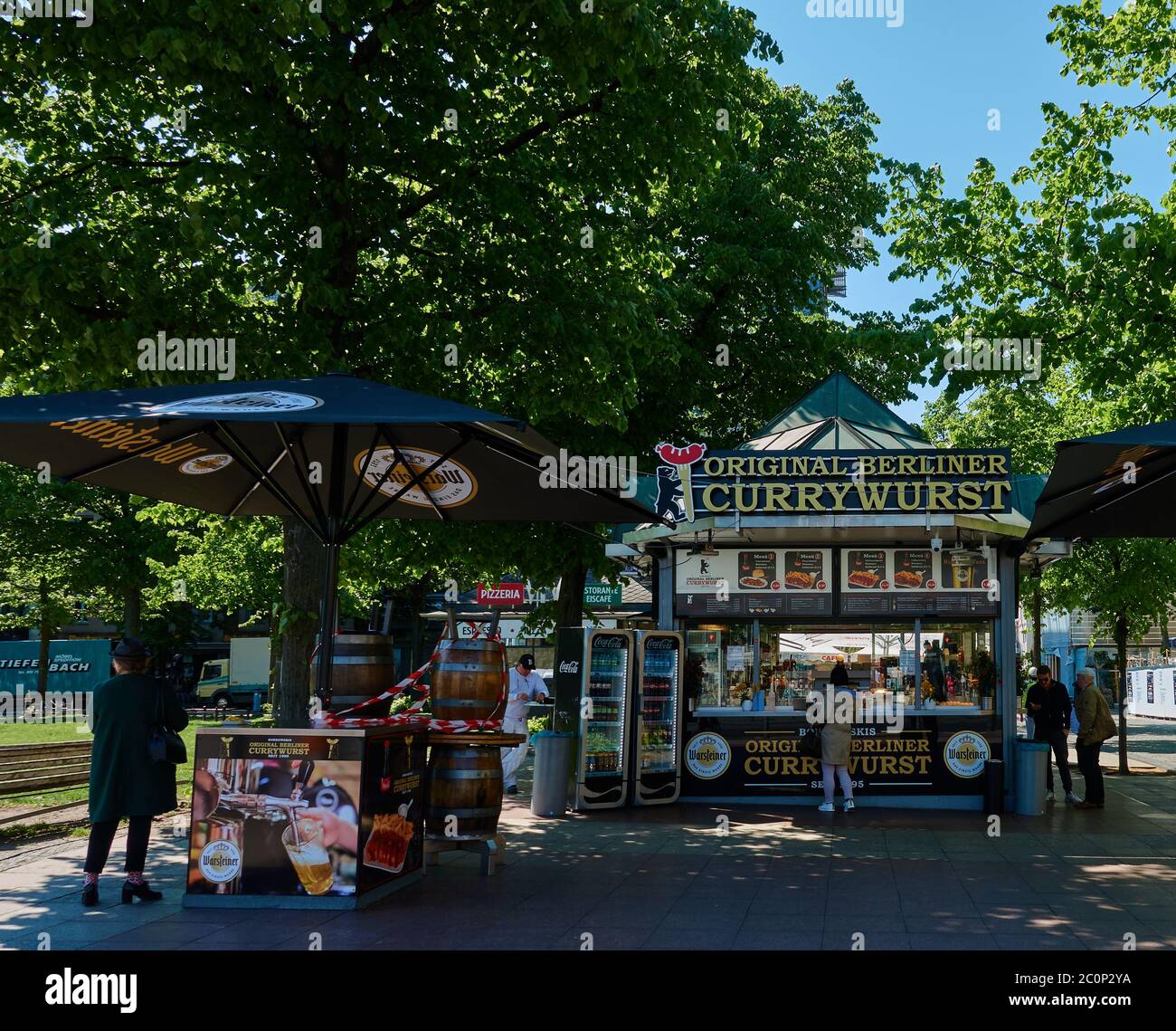 Berlin, Germany, May 6., 2020: Typical snack bar with the original Berliner Currywurst and various menus for sale Stock Photo