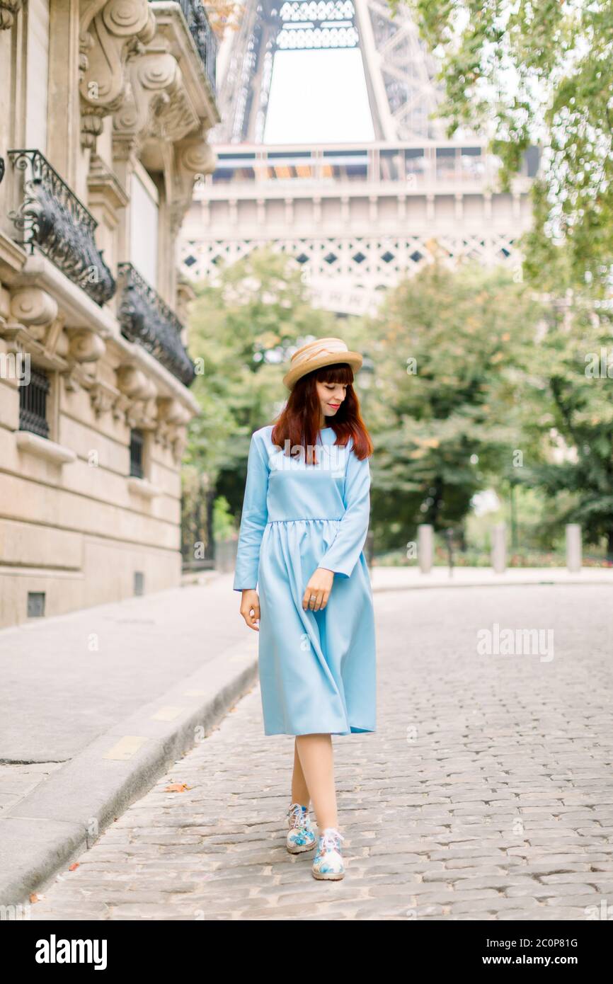 Pretty Woman Tourist Wearing Stylish Hat And Blue Dress Walking On The Cozy Street With Old Vintage Buildings In Old European City Paris With Stock Photo Alamy Pretty Woman Tourist Wearing Stylish Hat And Blue Dress Walking On The Cozy Street With Old Vintage Buildings In Old European City Paris With Stock Photo Alamy