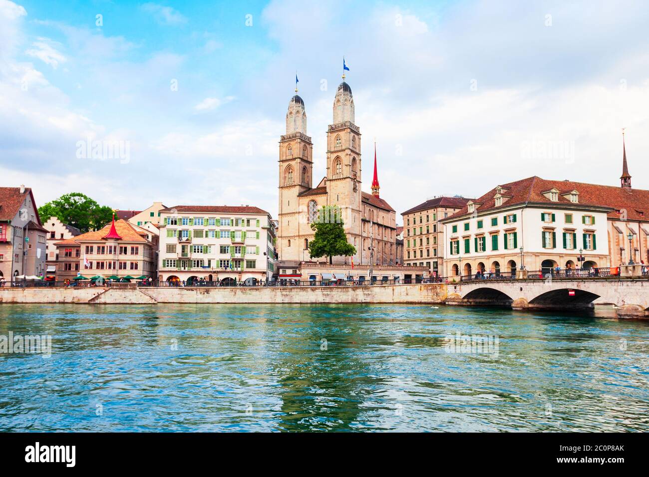 Grossmunster Church near the Limmat river in the centre of Zurich city in Switzerland Stock Photo