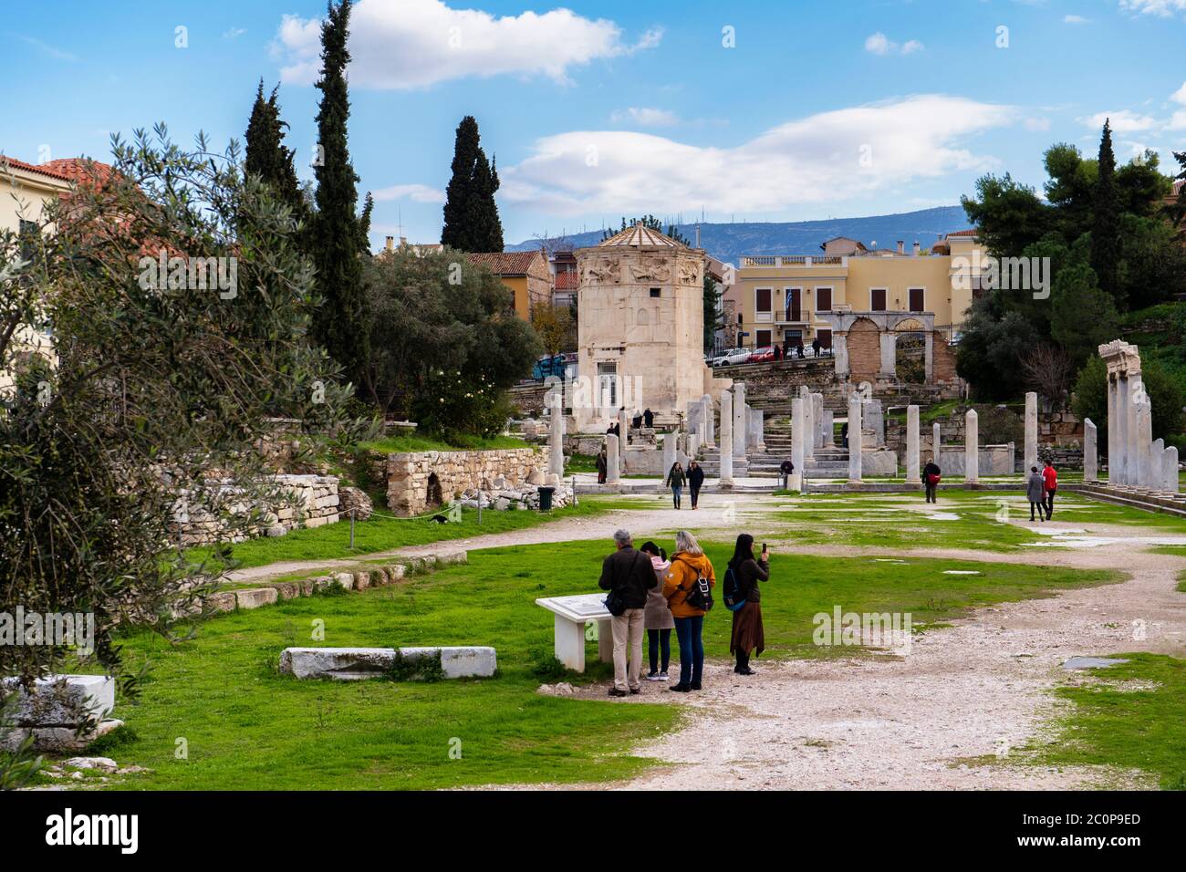 Athens, Attica / Greece. The archaeological site of Roman Agora in Plaka district in Athens city. Tourists and local visitors Stock Photo