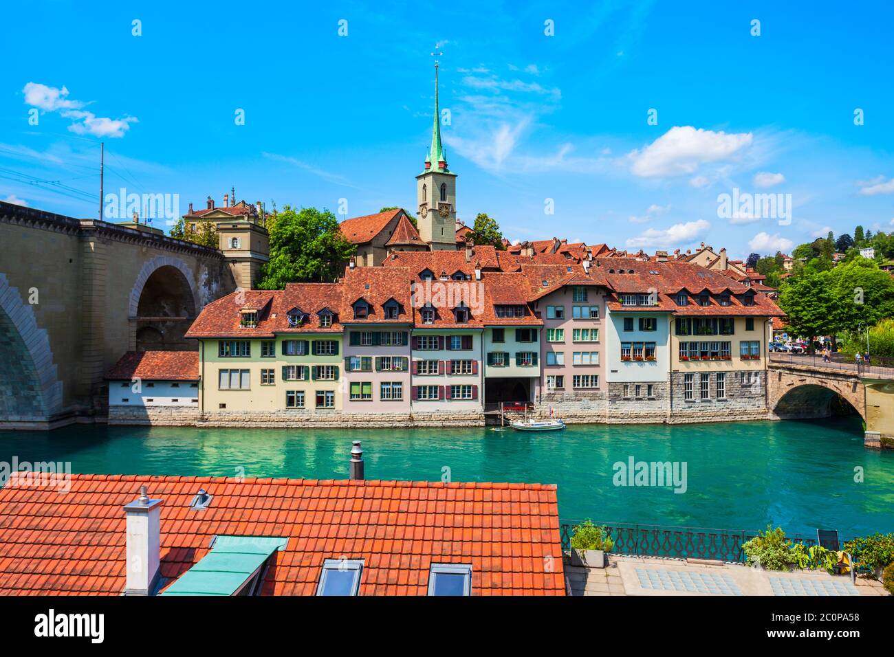 Reformed Nydeggkirche church and Aare river aerial panoramic view in the Old City of Bern in Switzerland Stock Photo