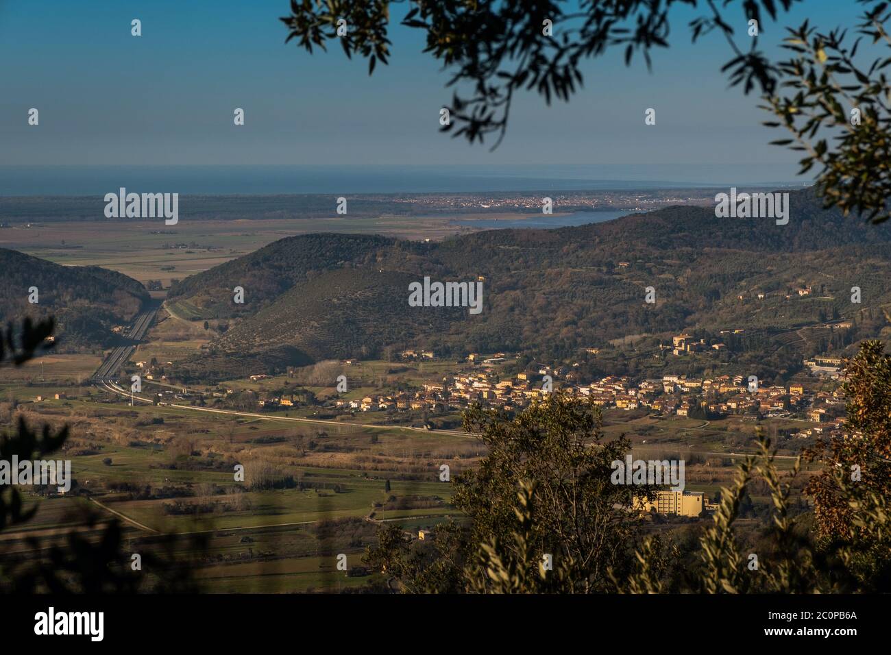 View of the Massaciuccoli lake from the medieval village of Ripafratta with the fortress of San Paolino stands on the banks of the Serchio river, in t Stock Photo