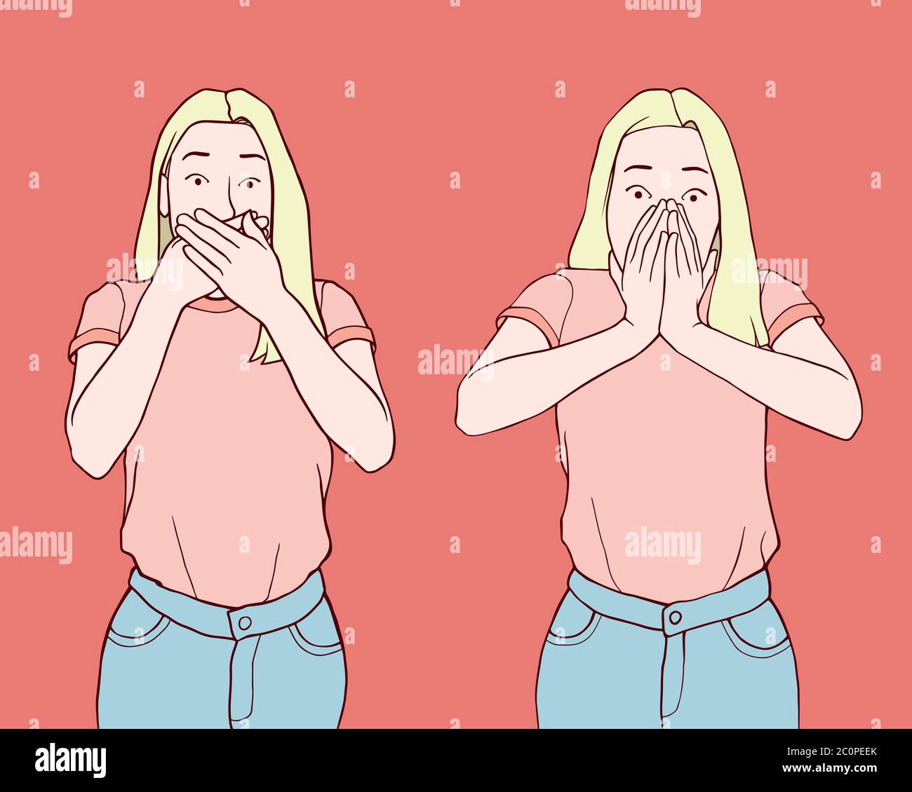 Shocked and surprised young girls with casual clothes. Hand drawn style vector illustration isolated on red background. Women with hands on mouth. Stock Vector