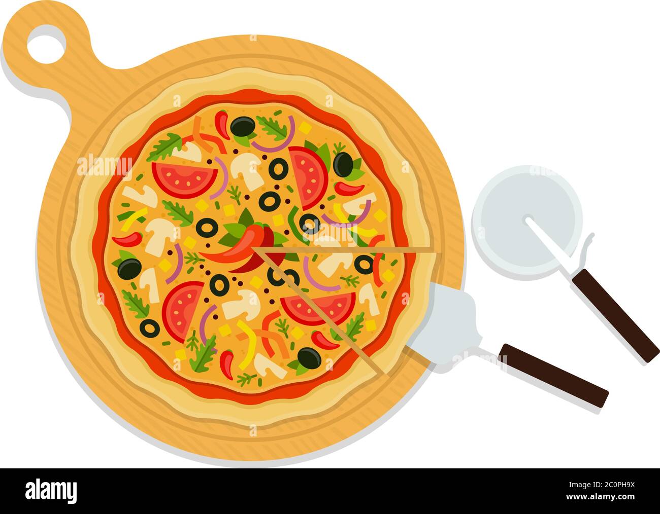 Mexican pizza on a wooden board with utensils flat icon vector isolated Stock Vector