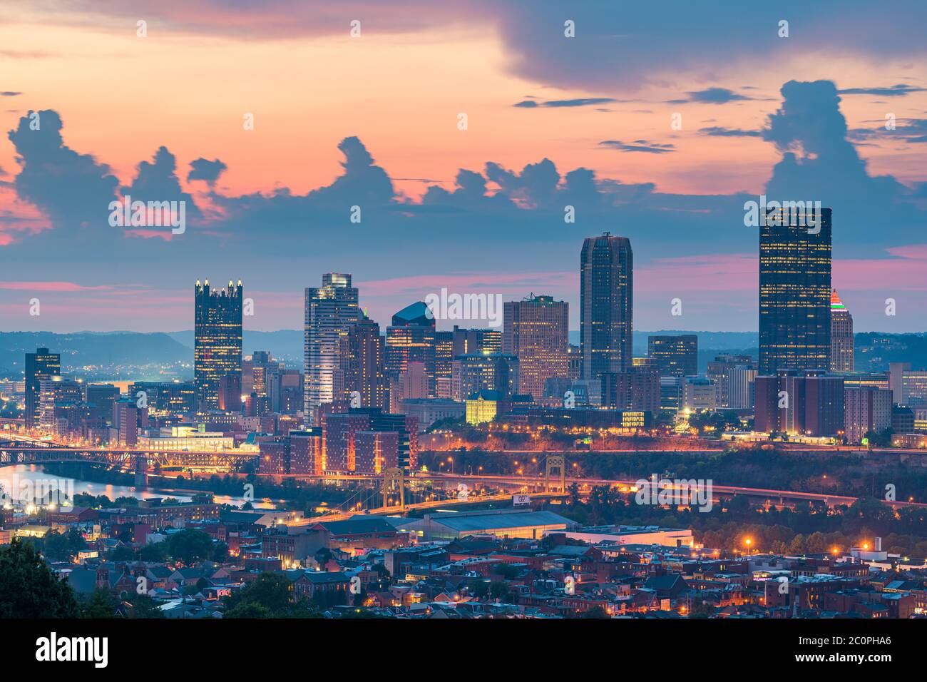 Pittsburgh, Pennsylvania, USA skyline from the South Side at dusk. Stock Photo