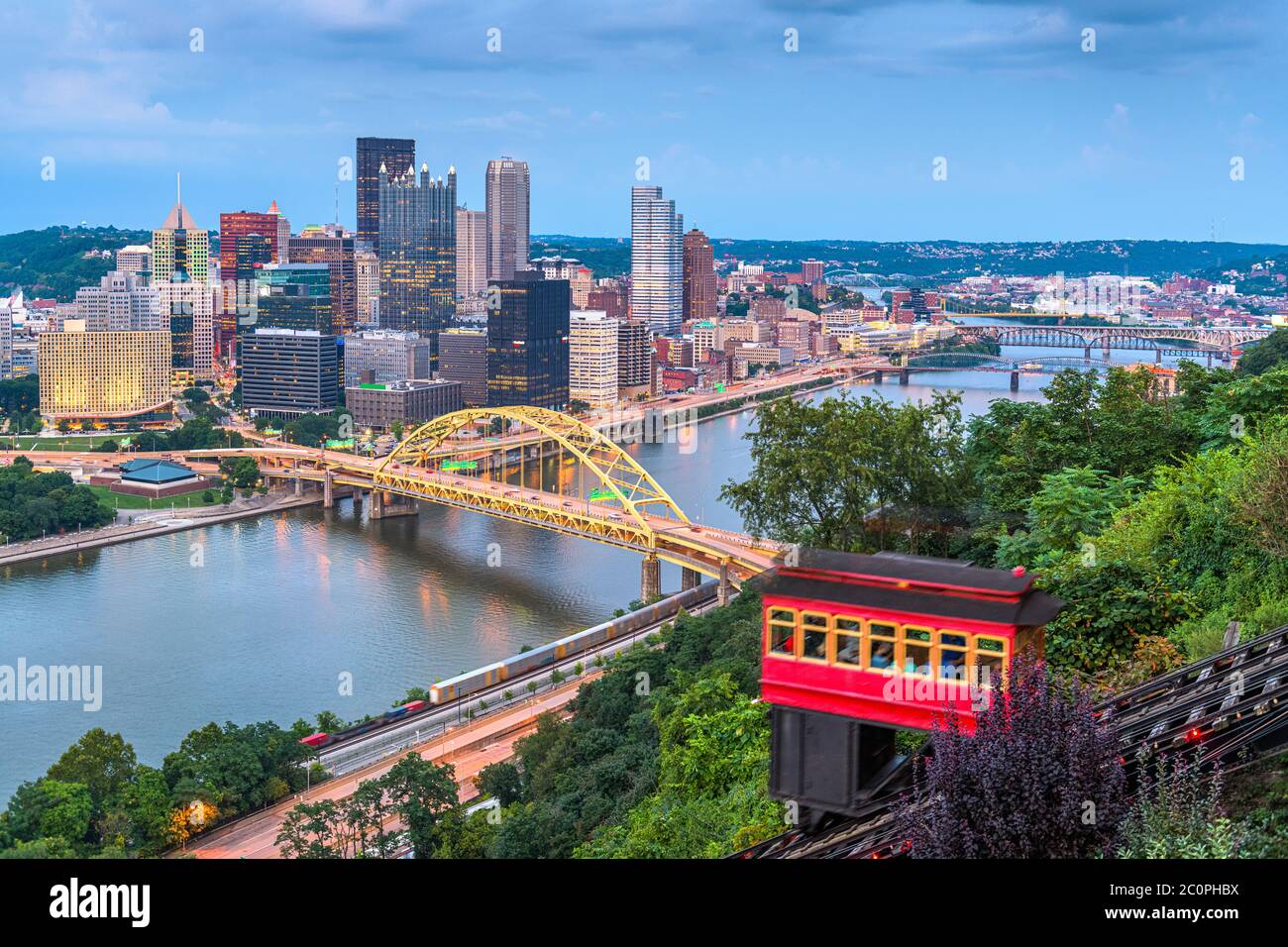 Pittsburgh, Pennsylvania, USA downtown skyline and incline at dusk. Stock Photo