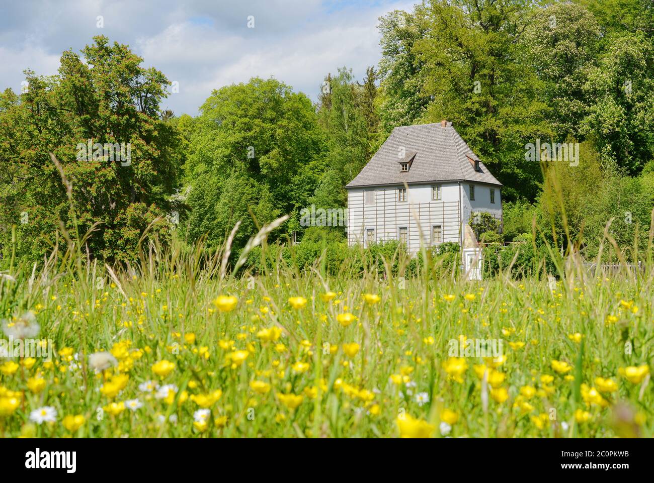 Weimar, Germany Goethe garden house tourist attraction in summer with blooming flowers on the green Stock Photo