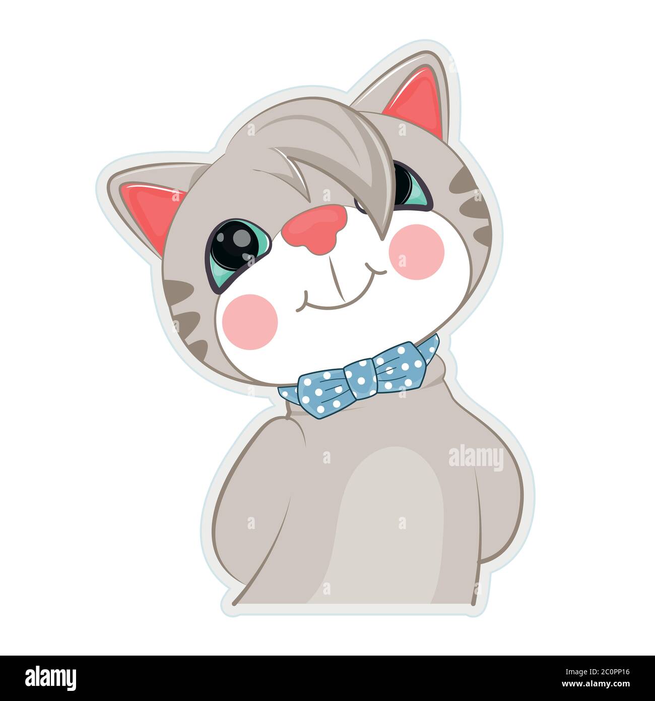 Cute cartoon cat with blue bow. Funny lovely kitty in flat style Stock