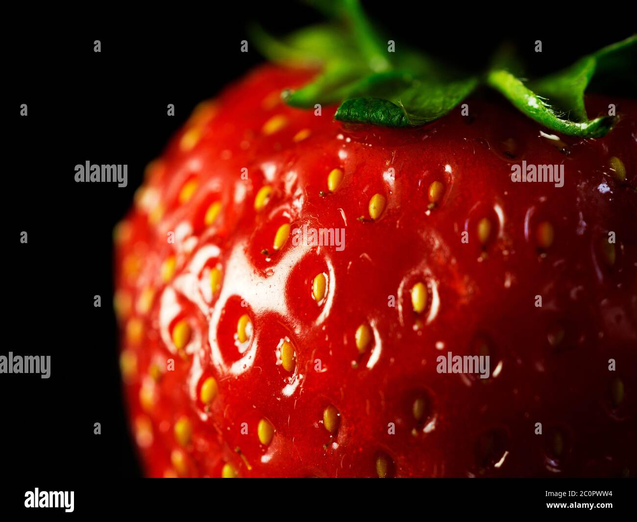 Close up of a fresh ripe strawberry against a black background Stock Photo