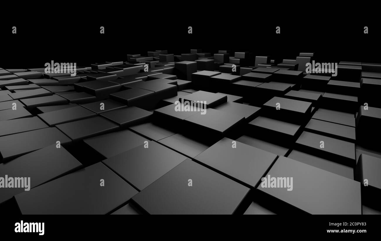 3D rendering of elevated colorful shiny monochrome dark grey or black metallic square tiles, futuristic abstract scenery, flat lay illustration Stock Photo