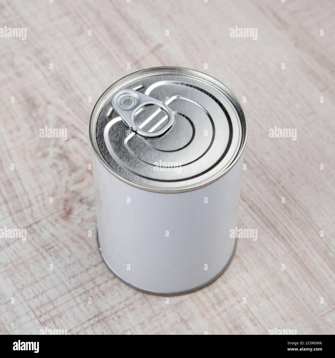 tin can on white wood background Stock Photo