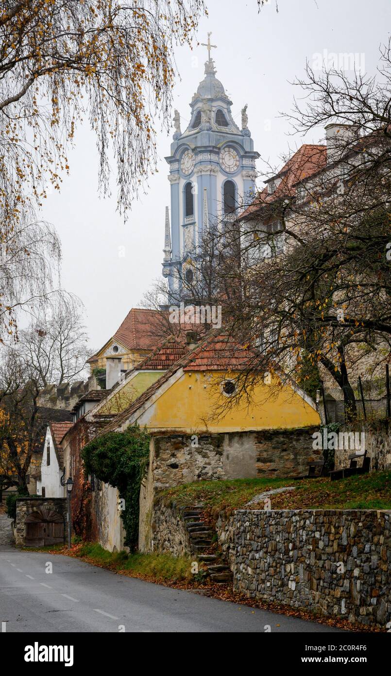 Blue tower of Stift Dürnstein in UNESCO World Heritage-listed town of Dürnstein, Wachau Valley, Austria Stock Photo