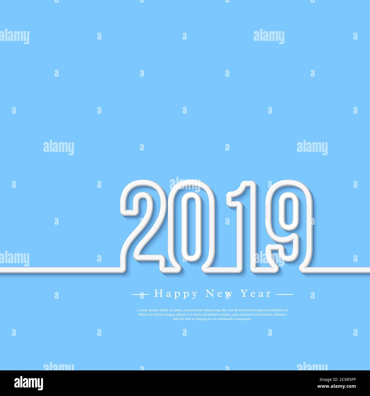 2019 white 3d numbers with shadow on blue background. Happy New Year greeting text, vector illustration. Stock Vector